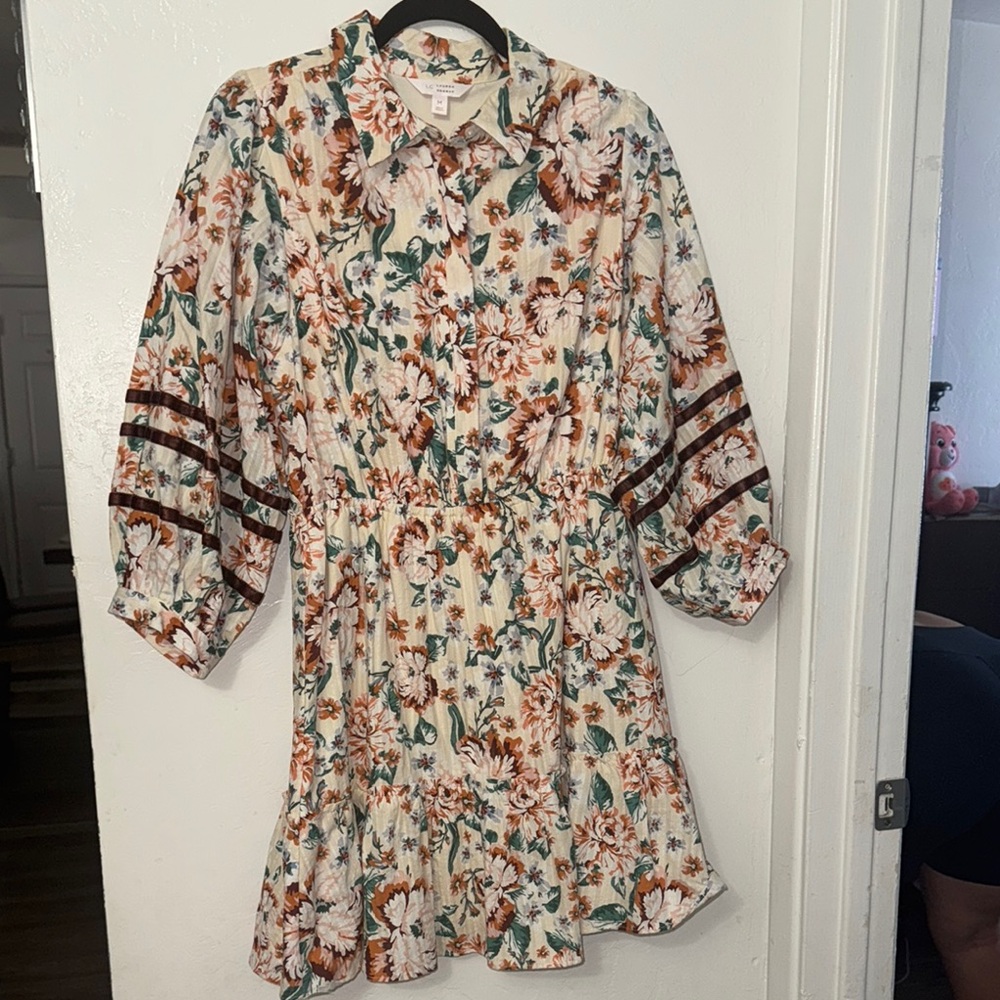 LC Lauren Conrad Floral Long Sleeve Dress - Cream and Brown